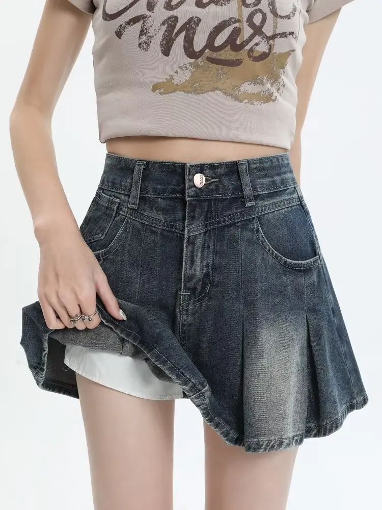 Whisper Lumi New American Retro Denim Pleated Mini Skirt Women Summer Washed A-Line Skirt For Petite