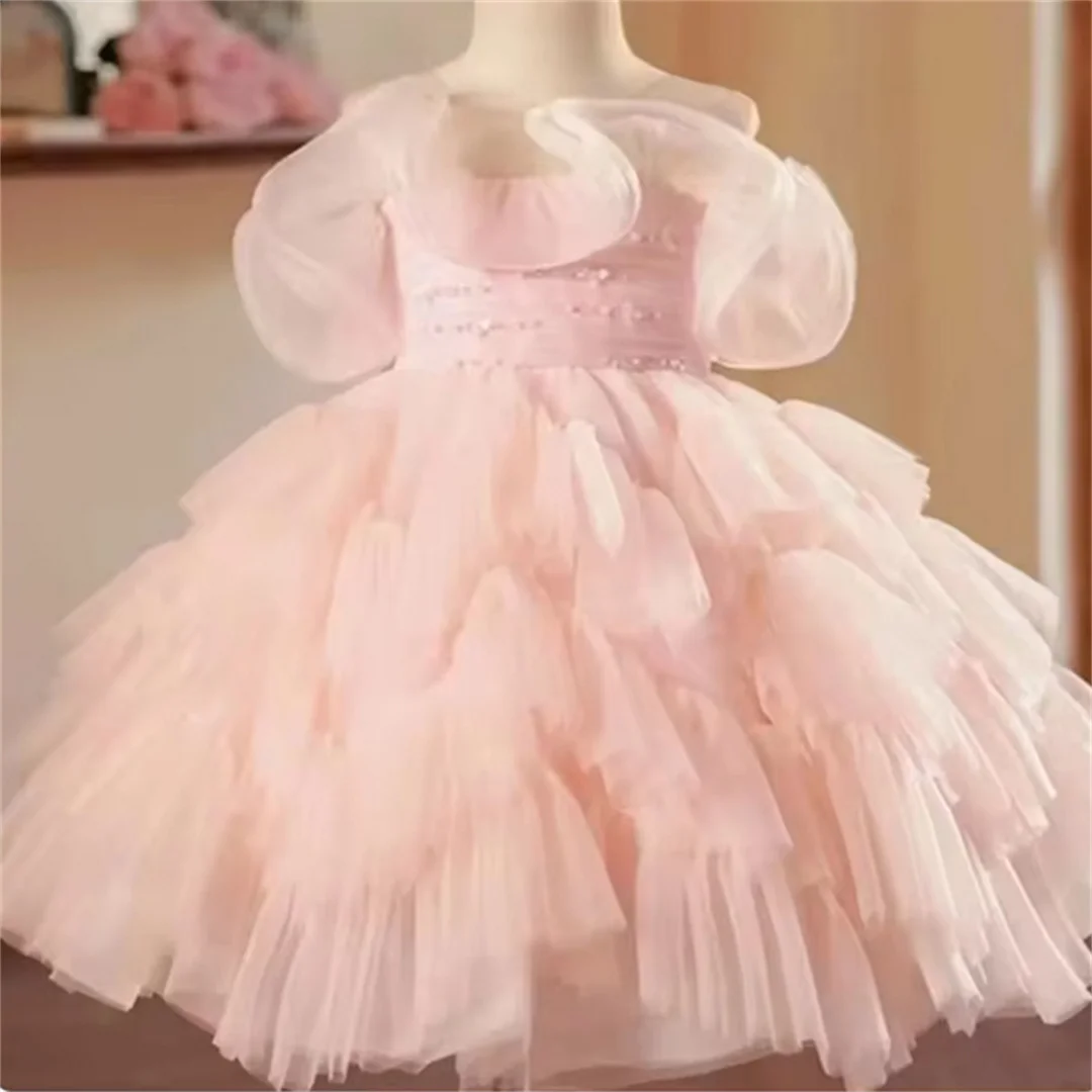 

Customized Elegant Pink Flower Girl Dress Beaded Baby Kids Princess Wedding Birthday Party First Communion Customize Gown