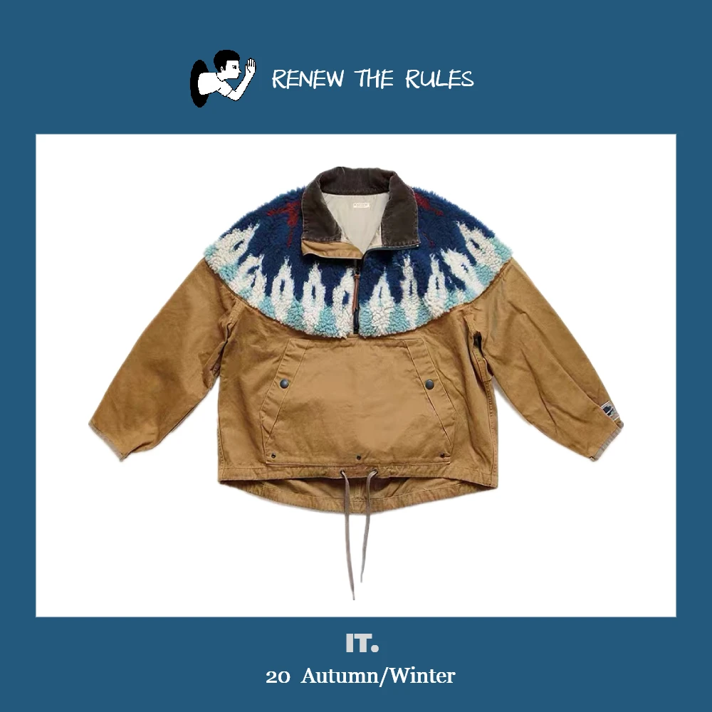 سترة كابيتال 20AW فضفاضة بسحاب نصفي، مطبوعة ومرقعة من الصوف المزدوج اللون، ملابس خارجية شبابية عصرية للشتاء بأكمام طويلة وقصة... #3