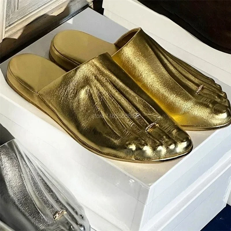 

Women Unique Human Foot Toe Design Leather Mules Slippers Flat Slide Sandals Luxury Designer Fashion Silver Casual Walking Shoes