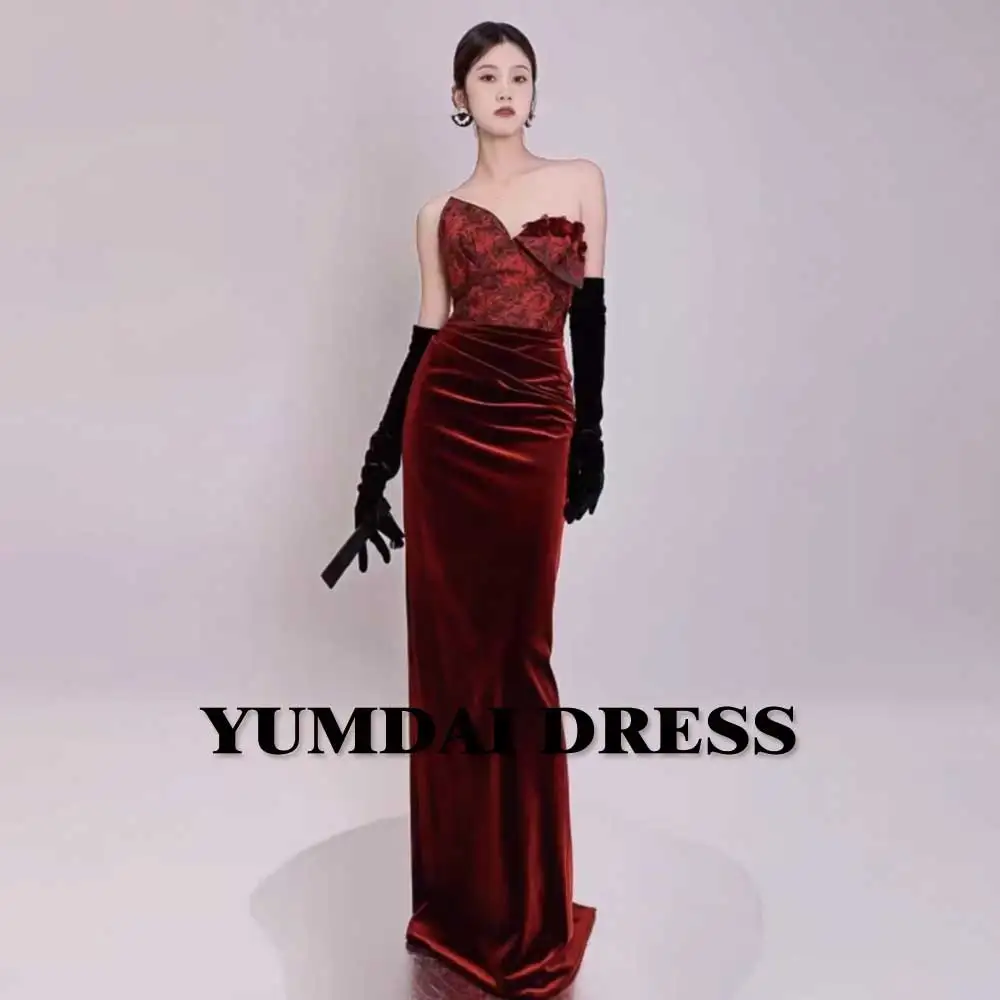 

YUMDI Wine Red Rose Velvet Banquet Bride Wedding Evening Dress FoDrmal Stage Dress Luxurious Host Gown Ladies Ball