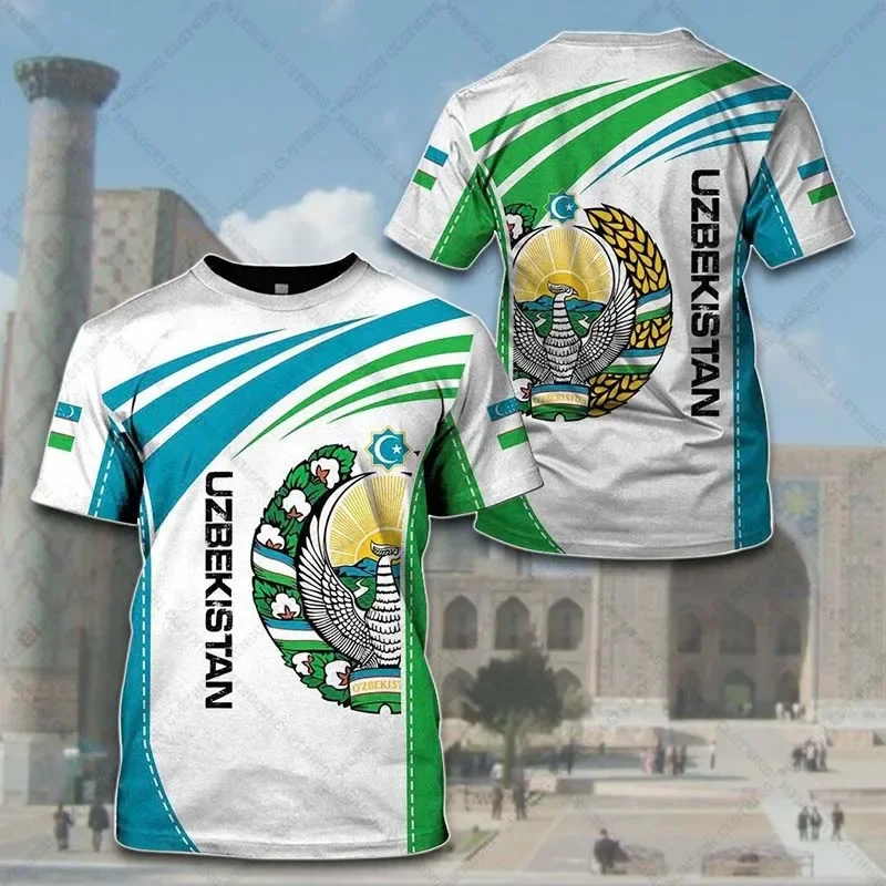 

Graphic T-shirt with Uzbekistan Logo, Men's Casual Summer Jumper, Stylish Loose, Men's Oversized Short Sleeves