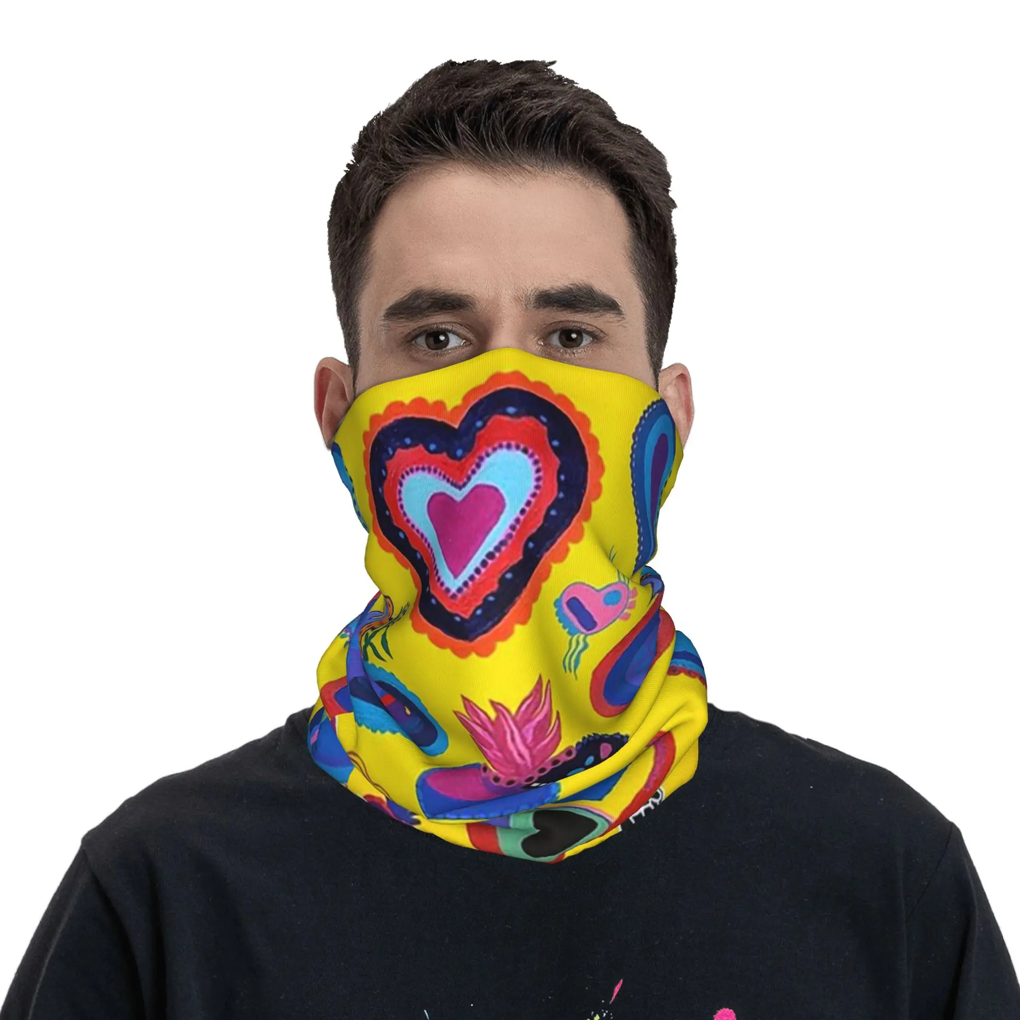 Corazones de Colores Mexican Heart Milagro Bandana Neck Gaiter Printed Magic Scarf Warm Headwear Hiking Fishing For Men Women