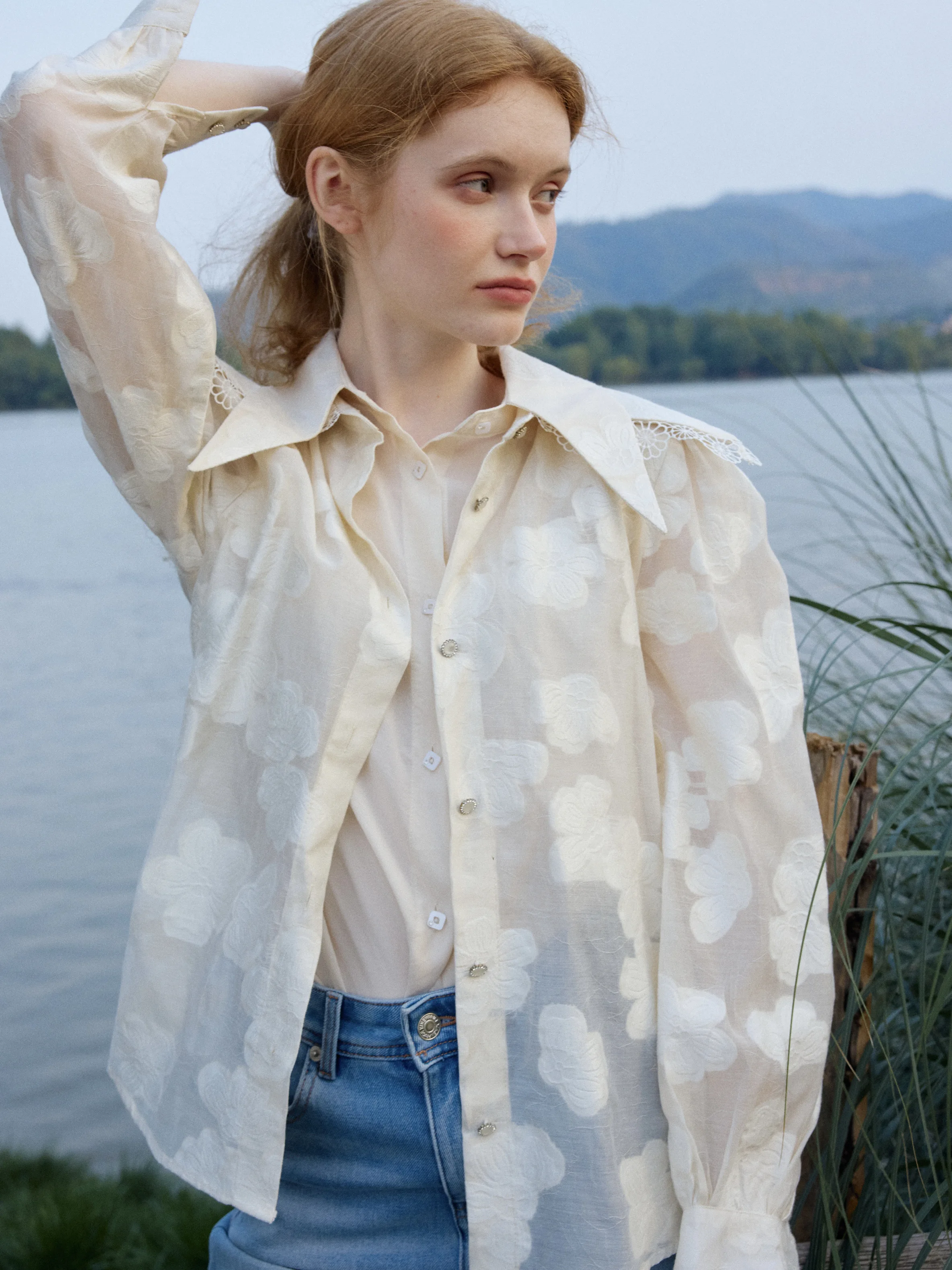 

Xingshan Bag Retro Fashion Long Sleeve Shirt 2-Piece Set Embroidered Layering Collared Outerwear Loose Casual Women's Shirt