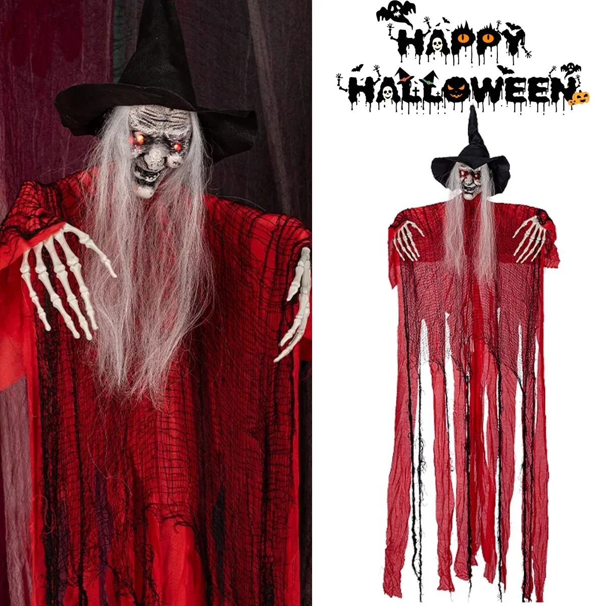 

Halloween Witch Hanging Ghost Sound Control Illuminated Red Robe Big Witch Hanging Ghost Halloween Horror Decoration