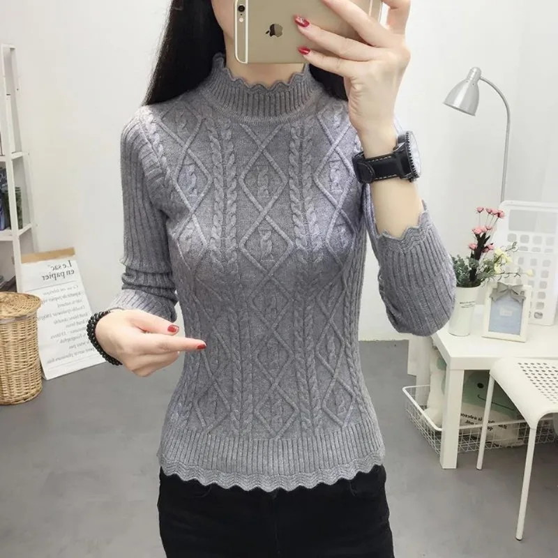 

Women Autumn Winter Simplicity Elegant Slim Solid Color Mock Neck Long Sleeve Knitwear Ladies All-match Knitting Bottoming Shirt