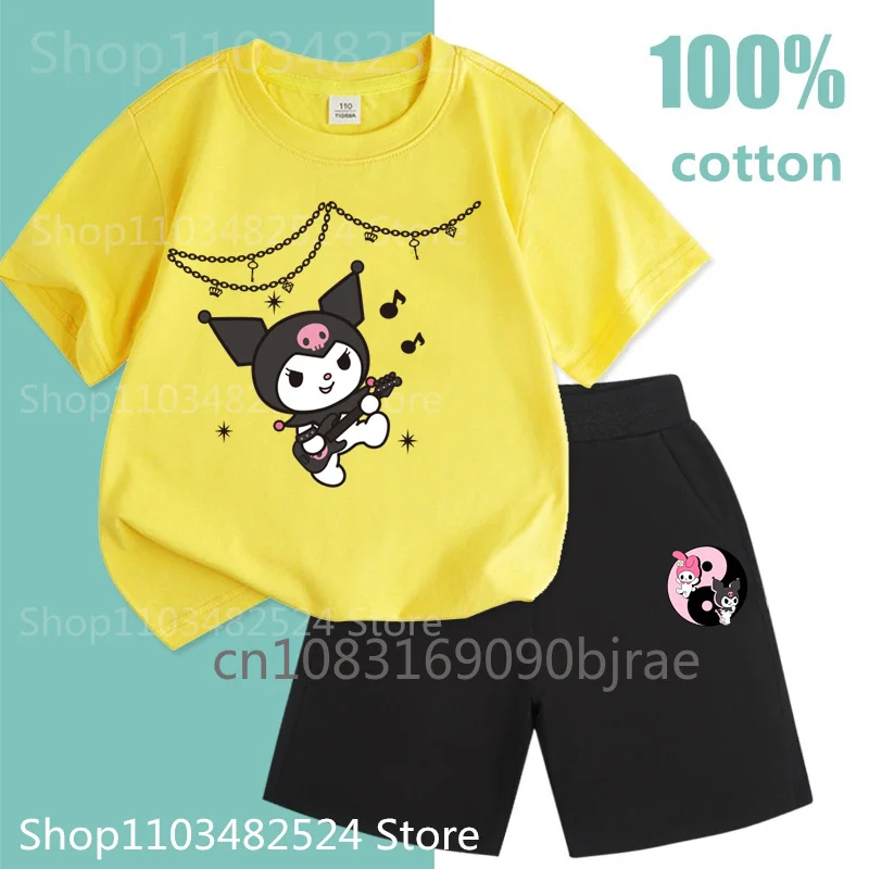 Fashion Kids Cute Sanrio Kulomi Pattern Print T-shirt 100% Cotton Sets Casual Boys Girls Round Neck Short Sleeve Sets For Summer