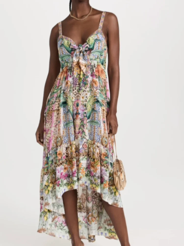 

Женское льняное платье на бретельках, винтажное платье миди без рукавов с цветочным принтом и бусинами и V-образным вырезом