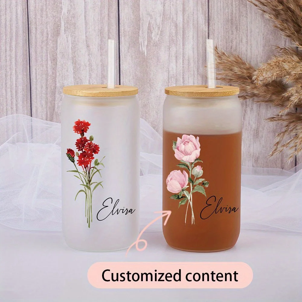 Customized Birthday Flower Glass Cup Personalized Name, Straw Beer Can Glass, Bride Shower Friendship Birthday Gift.