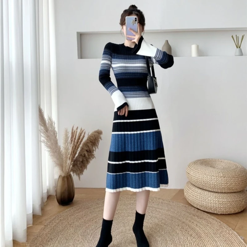 햅번 스타일 여성 니트 드레스 가을 겨울 한국 멋진 우아한 고품질 편안한 스트라이프 크로 셰 뜨개질 드레스 여성을위한