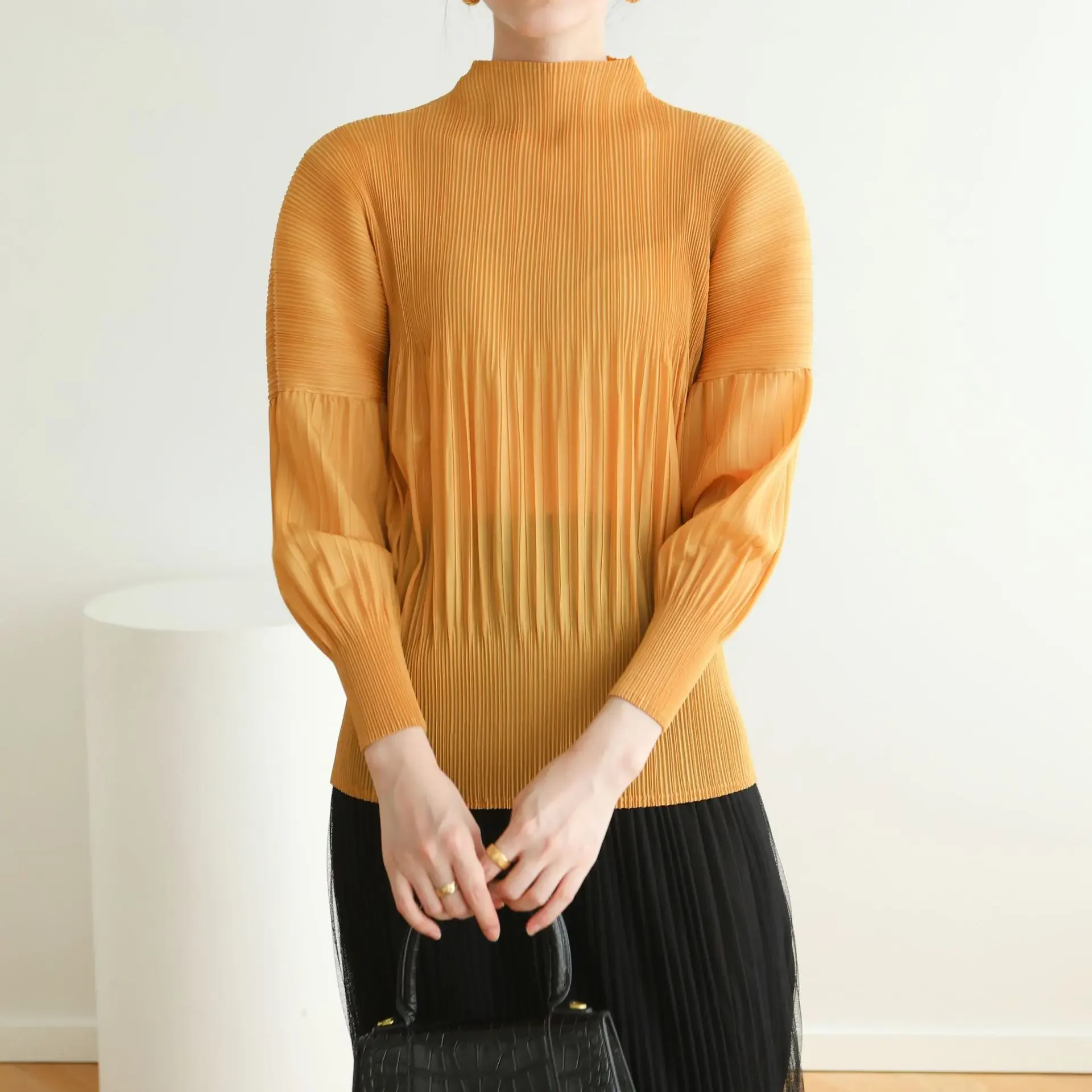 Miyake Pleated High Quality Women Long-sleeved Tops Casual Versatile Fashion Solid Half Turtleneck T-shirt 2024 Early Spring New