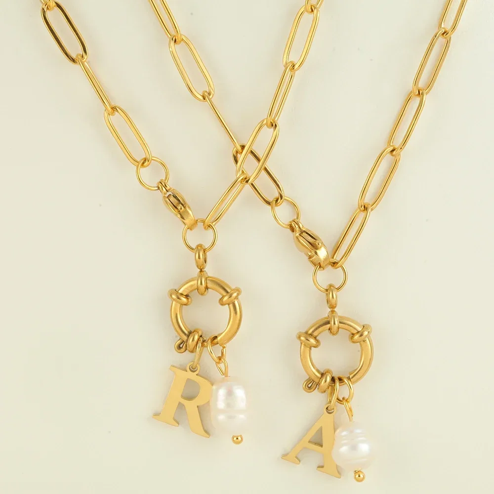 2PCS Women Stainless Steel Golden Choker Necklace Snap Hook Pearl Pendant with Initial Letter Pendants Women\'s Jewelry Gift 2025