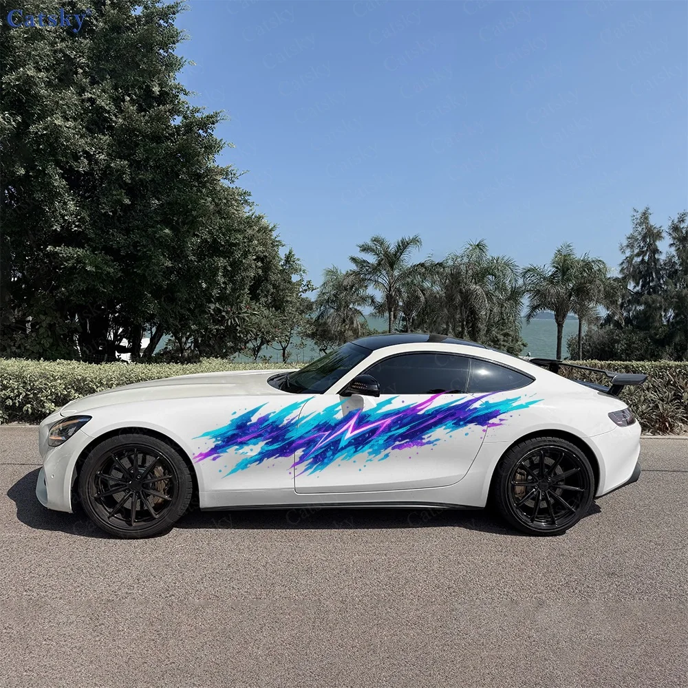 2Pcs Blue Teal Abstract Brush Streaks Car Body Side Stickers, Automotive Door Side Graphics for Cars, Car Decoration Accessory