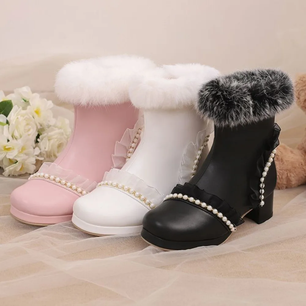2026 Women's Lolita Ankle Boots Faux Fur Cuff Ruffle Pearl Decor Round Toe Low Chunky Heel Cute Winter Warm Boots for Girls