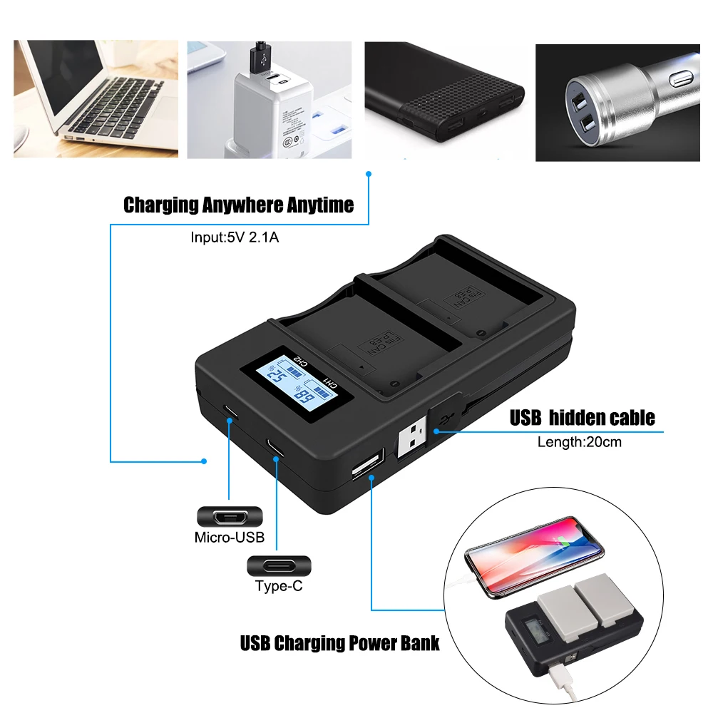 LP-E5 LP-E6 LP-E8 LP-E10 LP-E12 LP-E17 LCD USB Dual Charger LCD Screen Display Smart Charger for Canon Camera Battery Batteries