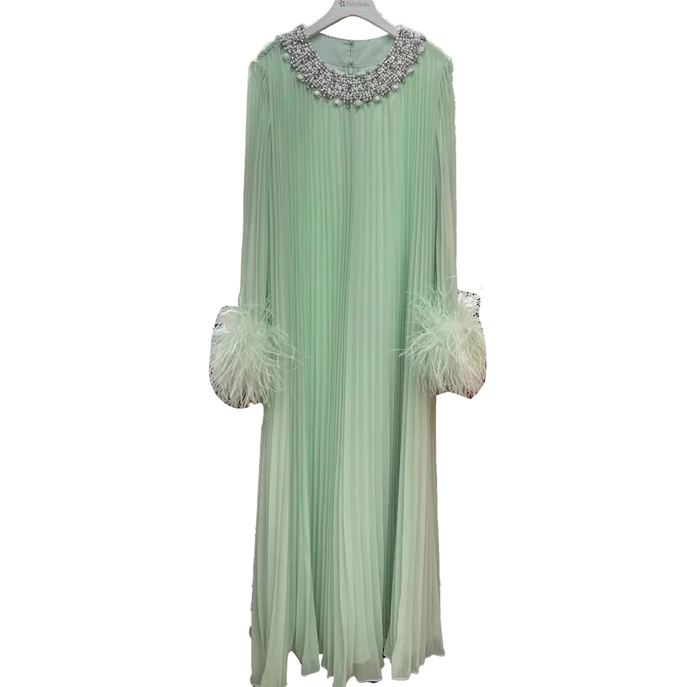 VGH Apricot Color Luxury Evening Dress for Women O Neck Flare Sleeve Patchwork Feather Loose Waist Pleated Long Dresses Female