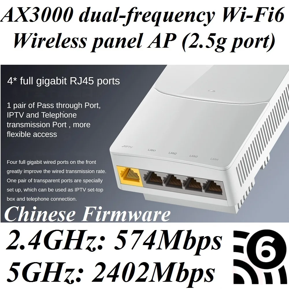 2.5G RJ45 Port, 3000Mbps in Wall AP WiFi6 Indoor AP 802.11AX WiFi 6 Access Point 2.4GHz 574Mbps 5GHz 2402Mbps PoE Power Supply