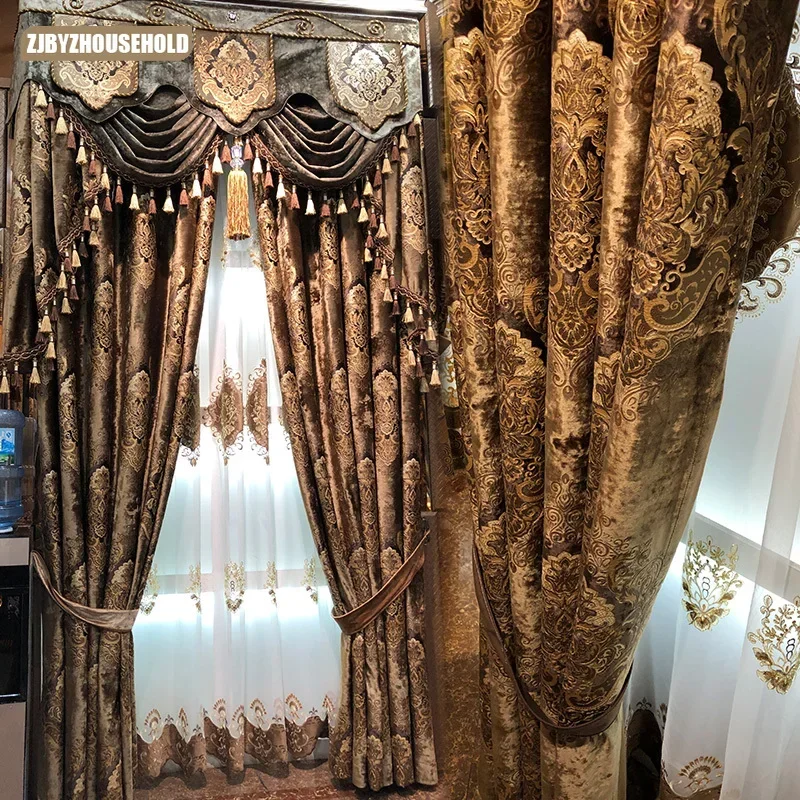 

European Curtains for Living Room Palace Luxury Print Velvet Curtains Carved Gold Curry Villa Dining Bedroom High Window Elegant