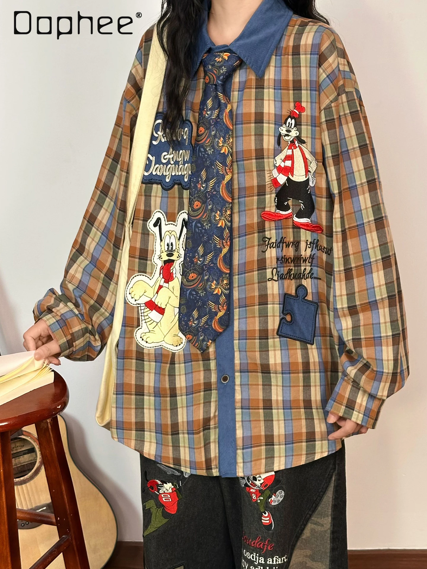 

Cute Cartoon Embroidery Contrast Color Long Sleeve Shirt for Women Spring Autumn Vintage Thin Loose Mid-Length Top