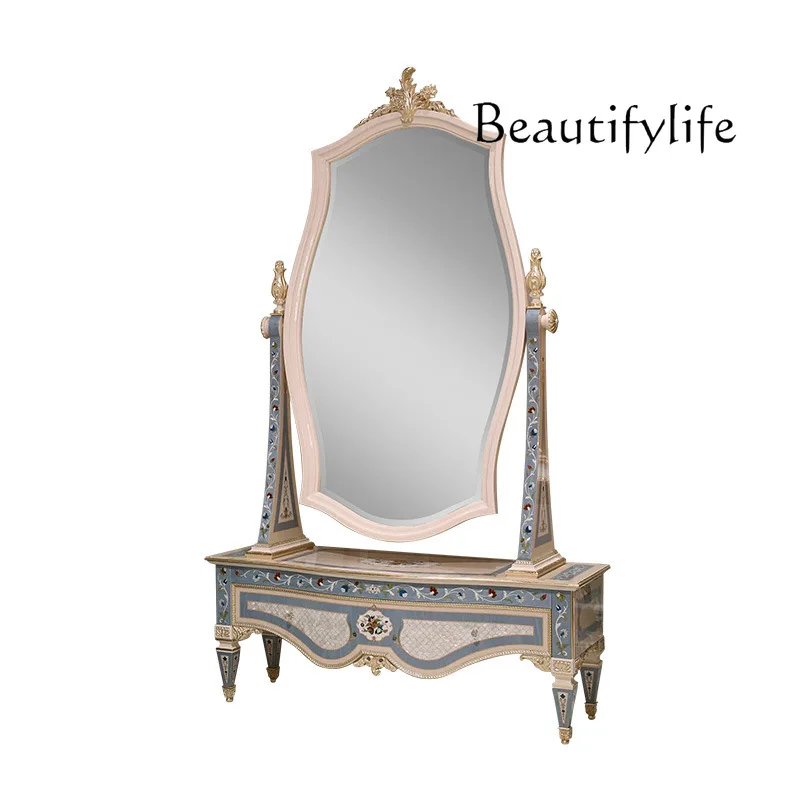 

European luxury dressing mirror parquet French bedroom solid wood carving flower floor full-length mirror