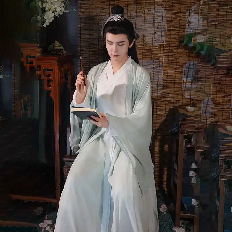 Hanfu เครื่องแต่งกายแบบดั้งเดิมของผู้ชายจากฮั่นฝูประเทศจีนโบราณคอชุดเดรสแบบจีนพิมพ์ลายยาวถึงเอว