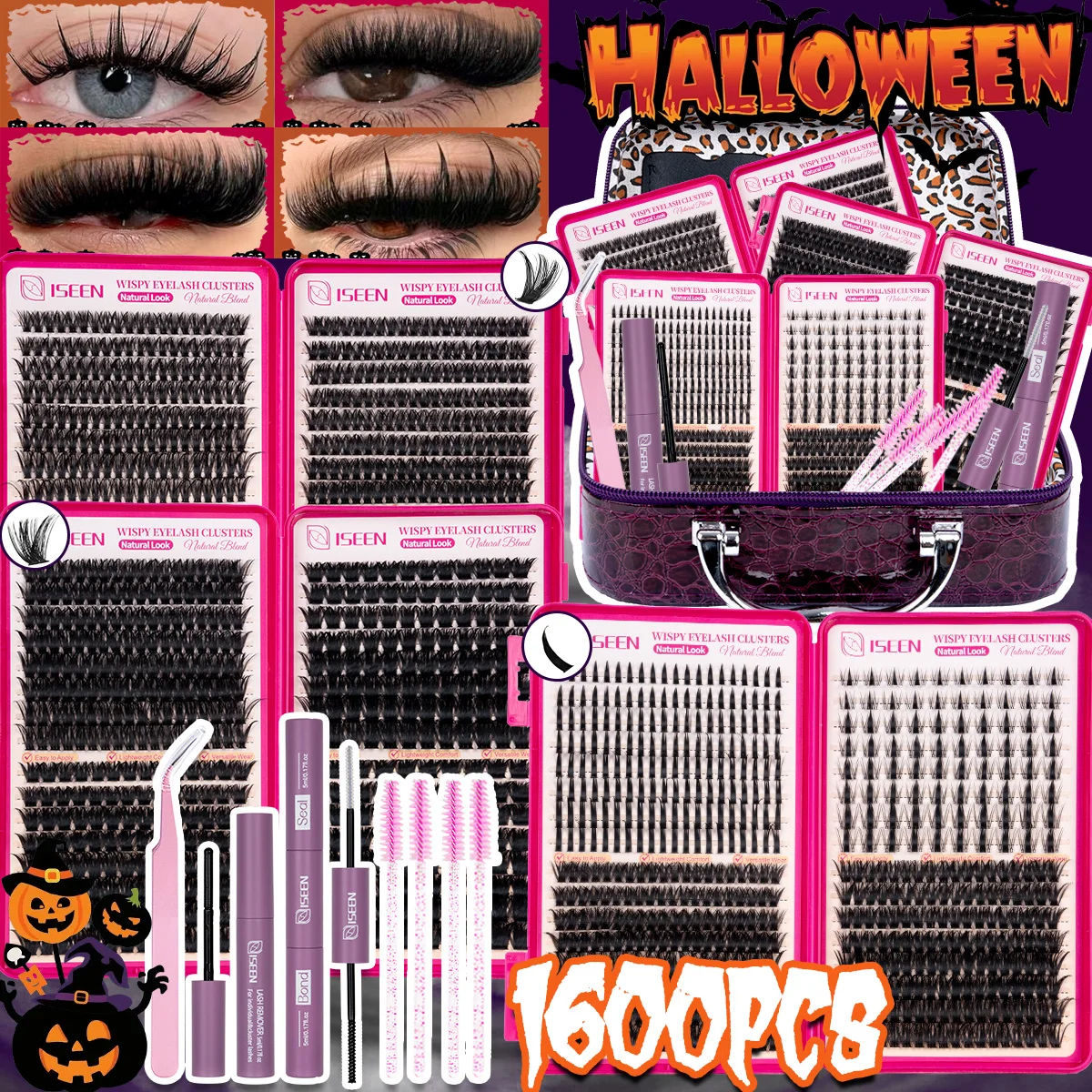 DIY Einzel-Wimpernverlängerungs-Set Dicke Volumen-Wimpernbüschel Dramatische Wimpern mit Kleber und Pinzette Halloween-Geschenk Party – Detail 1