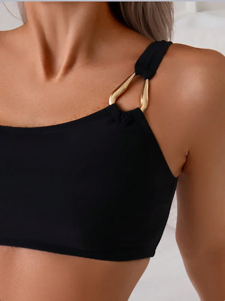 2025 섹시한 반다우 비키니 수영복 싱글 숄더 링 순색 슬림 핏 여성 수영복 크로스보더 비치웨어 탱키니 세트