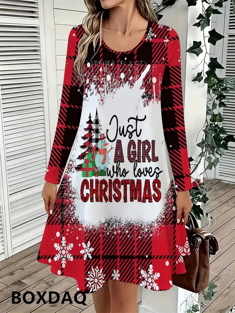 Christmas Plaid Pattern With Letter Christmas Tree Design Printed Dress Women's Round Neck Long Sleeved Loose Autumn New Dress