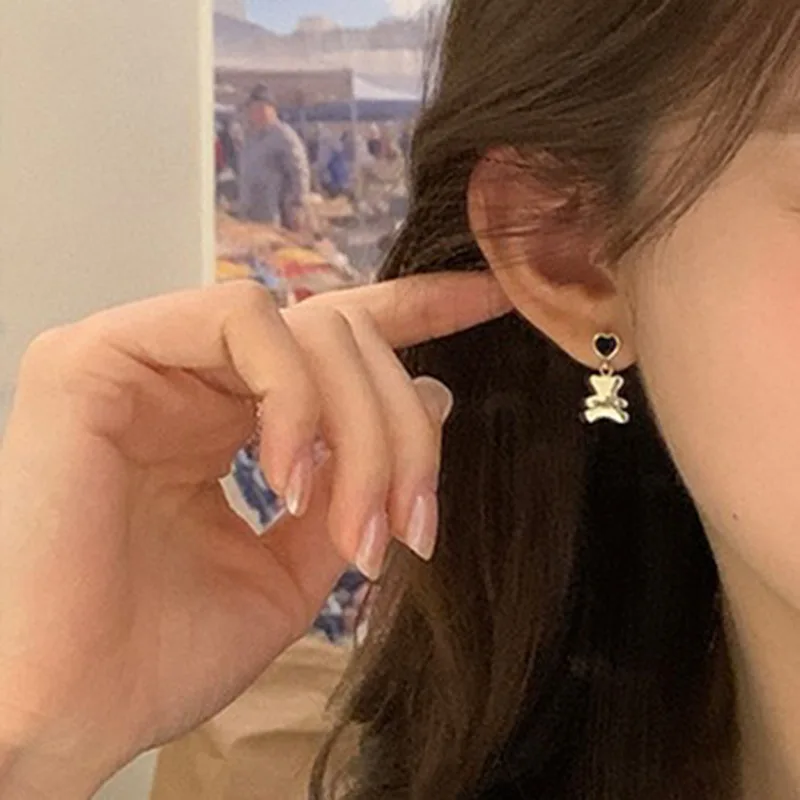 Sweet Little Bear Animal & Love Heart Asymmetrical 925 Silver Needle Female Tassels Stud Earrings Jewelry For Women Gifts