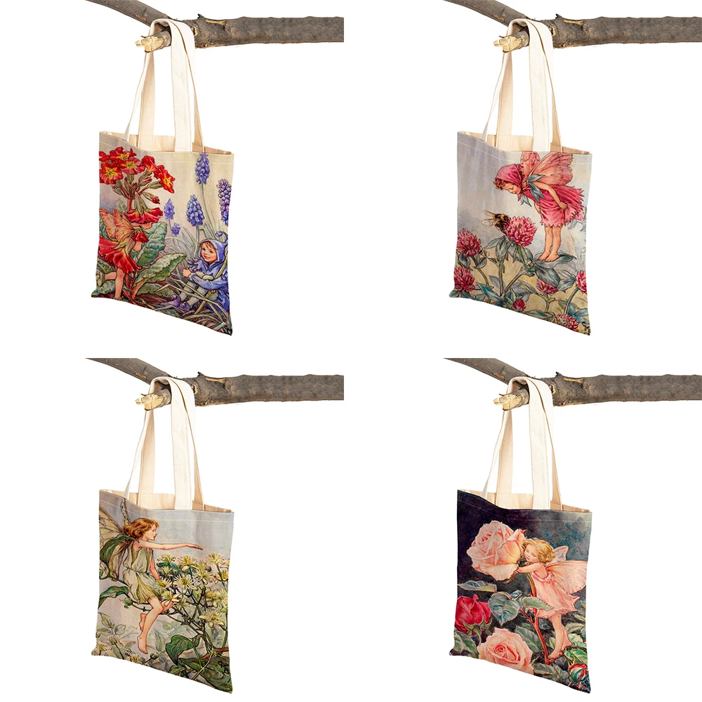 Bonito dos desenhos animados flor menina saco de compras para mulheres criança dupla impressão reutilizável casual conto de fadas mundo elfos linho tote bolsa