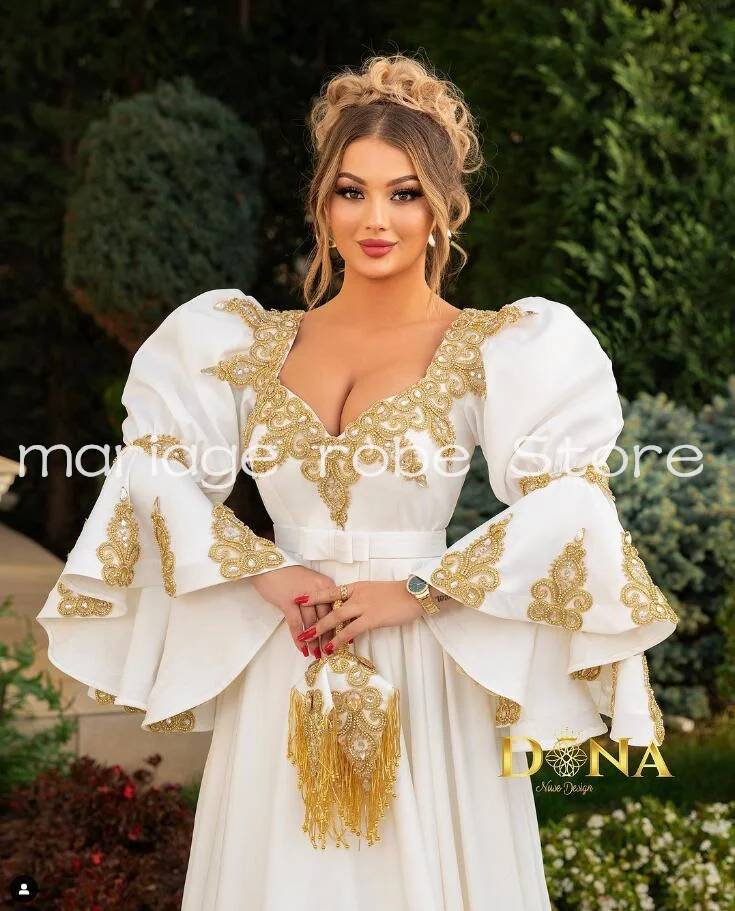 Albanische tradition kleider Prom Dresses for Women Puffy Long Sleeve Gold Applique Beaded Evening Gown فستان سهرة ناعم