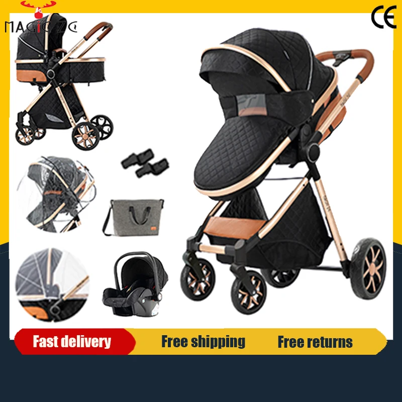 Luxus-Kinderwagen 3-in-1 mit Autositz, Neugeborenen-Sicherheitsgurt, Vielpunkt-Gurt, Vierrad-Kinderwagen, Stoßdämpfend, Faltbar, für Flugreisen und Langstrecken, mit Explosionsgeschützten EVA-Rädern