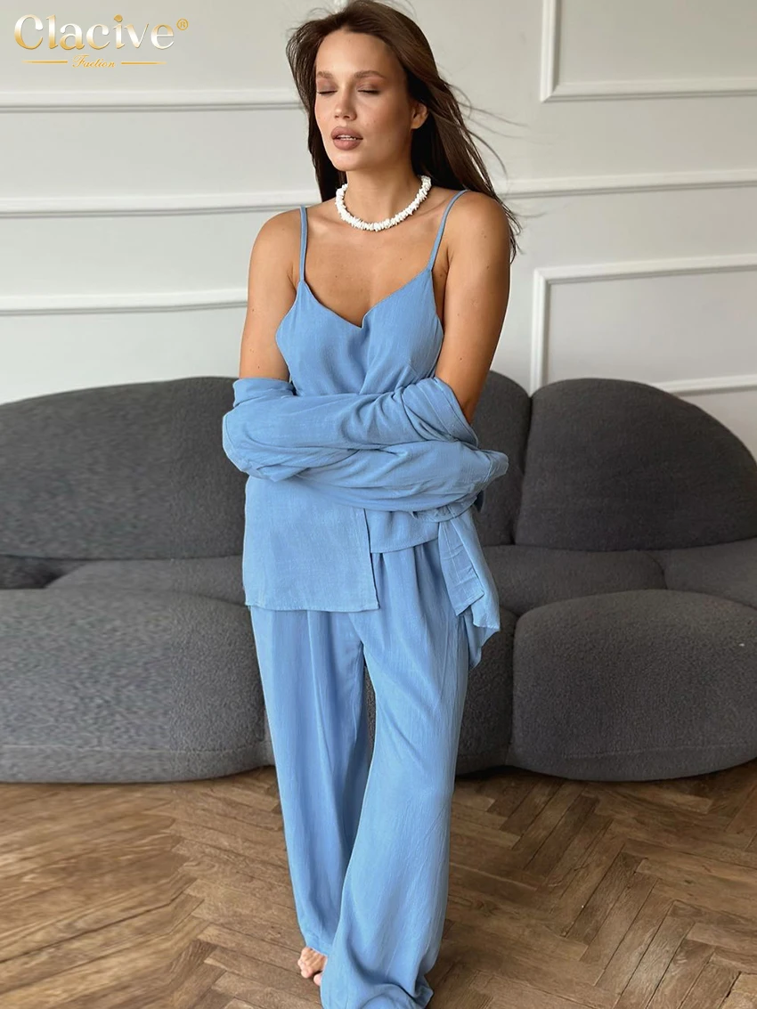 Clacive Fashion Blue Cotton Trousers Sets For Women 3 Pieces Elegant Long Sleeve Shirt + Tank Top With High Waist Wide Pants Set