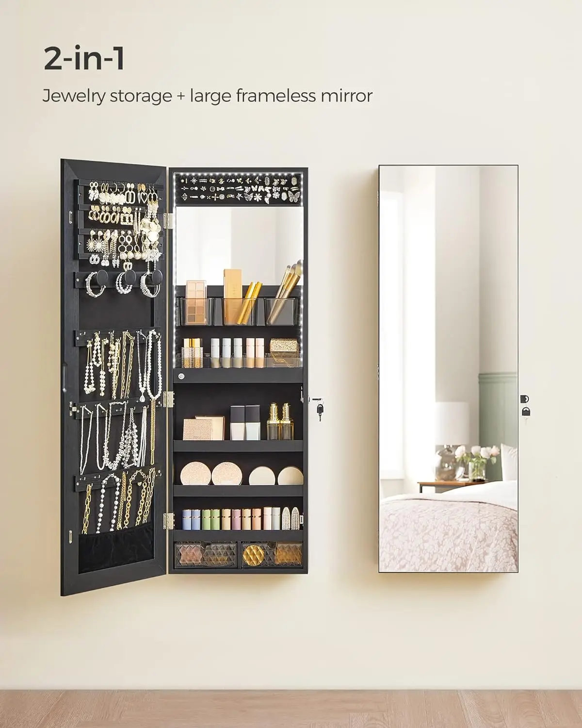 SONGMICS-Cabinet Jóias com Luzes LED, Armário Organizador, Wall-Montado Storage Cabinet, Full-Length Frameless Mirror, Buil