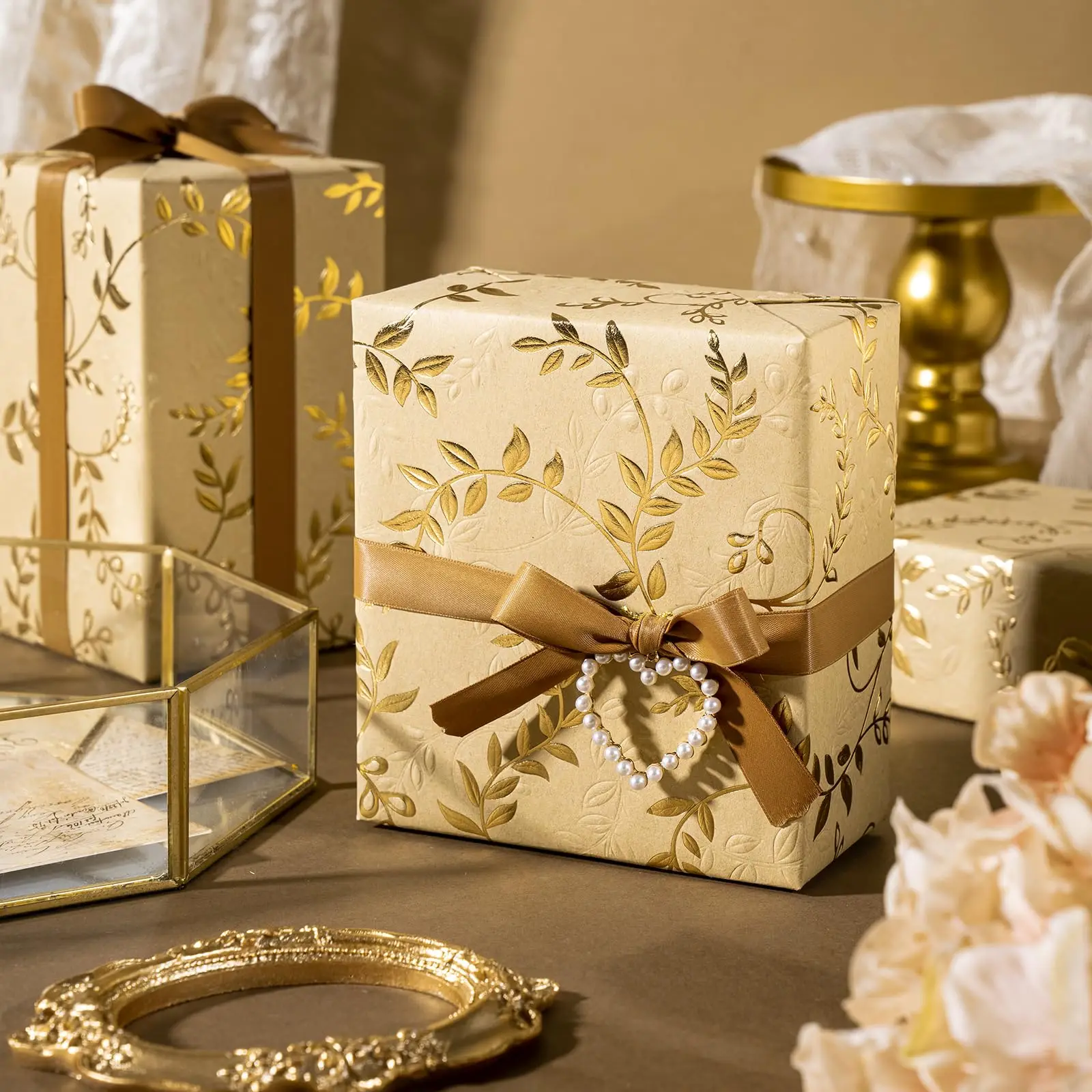 3D Kraft Wrapping Paper Mini Roll 43X500CM Gold and Brown White Leaves Design with Embossed for Birthday Holiday Wedding