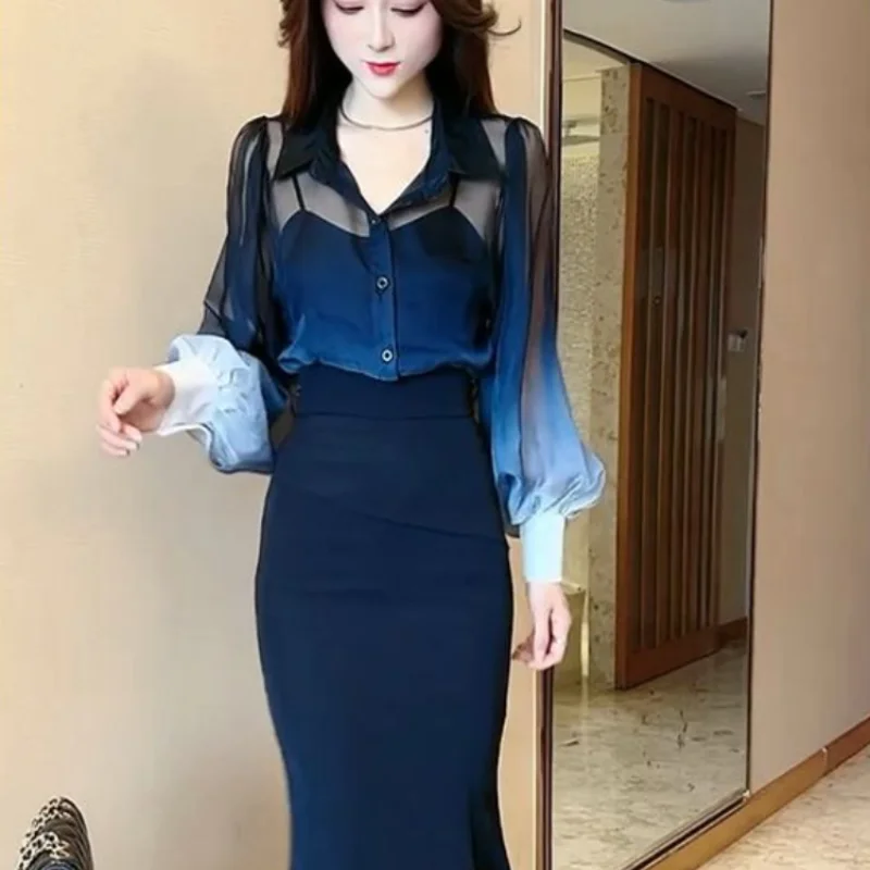 Women\'s Two Piece Set Maxi Skirt Beach Black Commuting Female Outfits Suits Long Sexy Sleeve Slim Fit Korean Style Stylish Korea