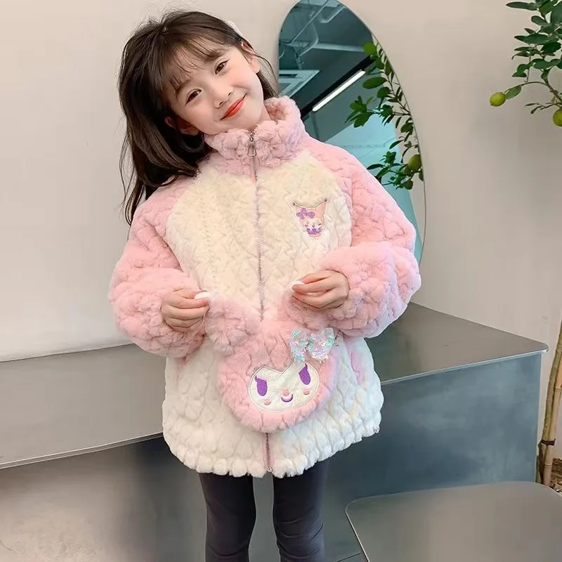 Kids Winter Coats 2024 Girls Outerwear Sanrio Kuromi Warm Fleece Jacket 4-14 Years Children Clothing Cartoon Sequin Windbreaker