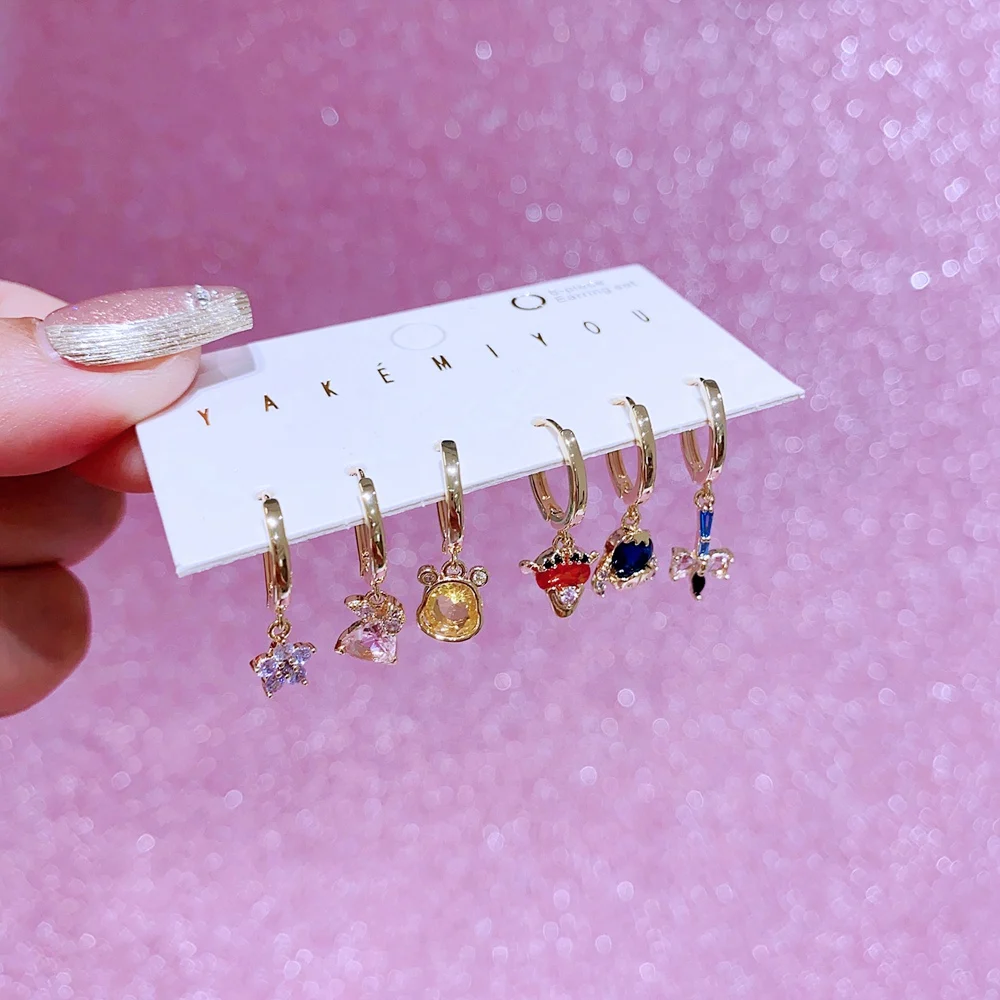 MIGGA 6pcs Mix and Match Crystal Cartoon Bear Dangle Earrings Set Gold Color Plated Women Girls Gift Jewelry