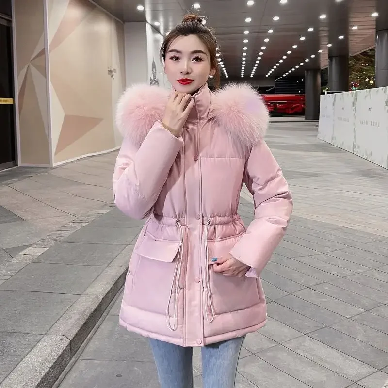 Fashion Warm Coat Female Parkas Snow Wear Outwear Women's Winter Jacket Students Solid Hooded Large Fur Parkas Drawstring