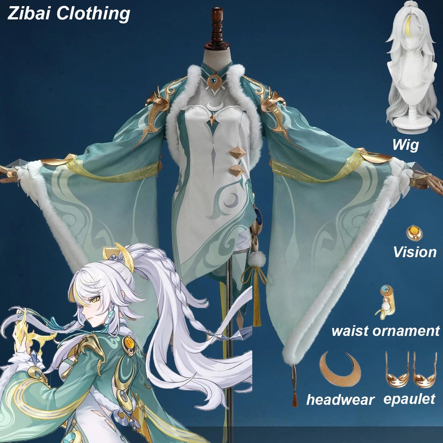 Genshin Impact Zibai Cosplay-Kostümset: Exquisites, elegantes weißes Qipao mit Socken, Accessoires, Perücke, Party, Comic Con, Performance