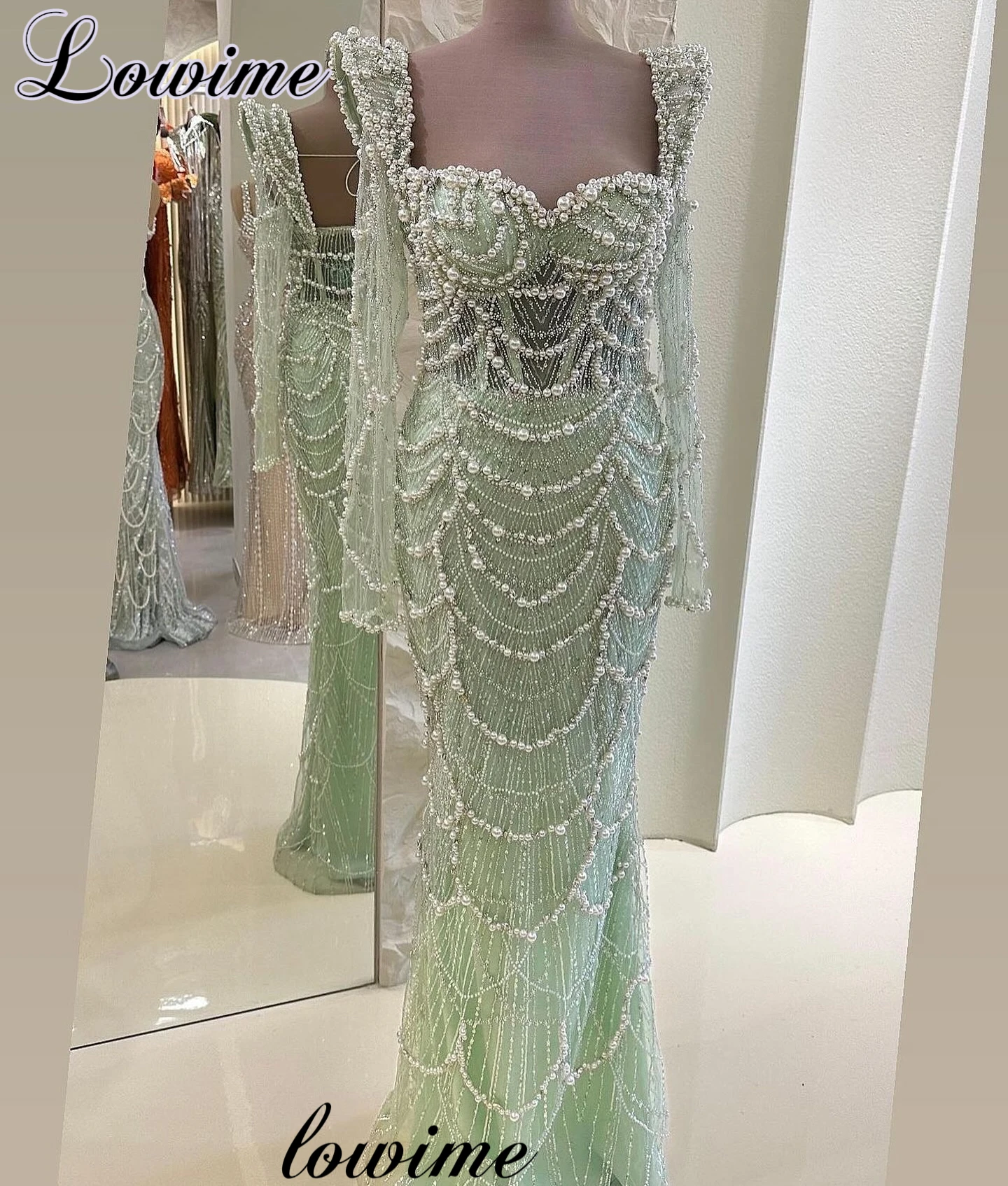 

2024 Newest Light Green Celebrity Dresses Mermaid Formal Occasion Dresses With Long Sleeves Vestidos De Gala Pearls Evening Gown