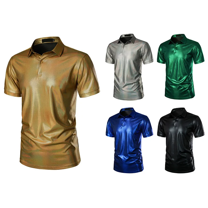 Foreign Trade Men's Performance Beauty Bar Hot Gold Bright Face T-shirt with Flip Collar Short Sleeve Polo Top