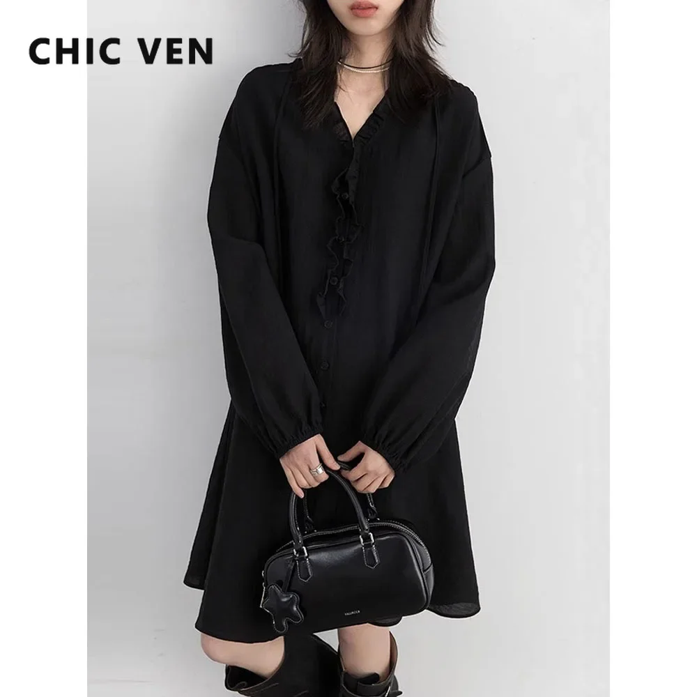 

CHIC VEN Women Dresses Fashion Casual Loose V-neck Ruffled Long Sleeve Dress Female Design A-line Spring Summer New 2025