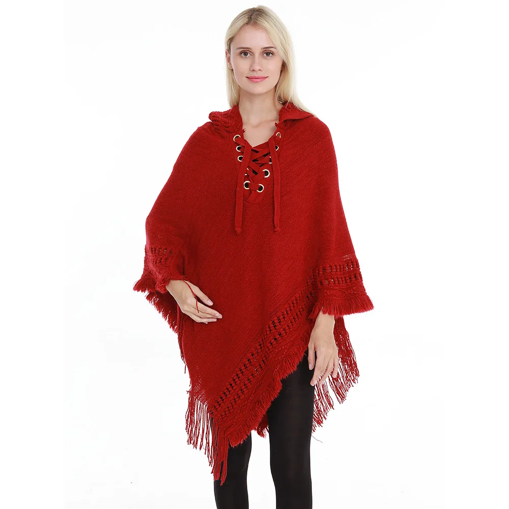 Spring Autumn New Women Winter Knit Hooded Poncho Cape Crochet Fringed Tassel Shawl Wrap Sweater Even Hat Girls Keep Warm Red