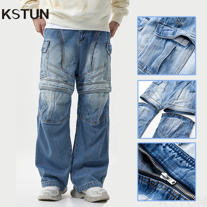 

Cargo Jeans Men Loose Baggy Pants Wide Leg Dismountable Light Blue Side Pockets Zippers Designer Patchwork Moto Biker Jeans Man