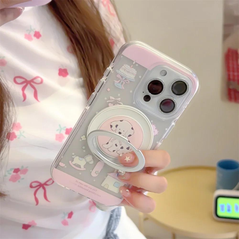 

INS Fashion Polka Dog House Puppy Magnetic Stand For Magsafe Case for iPhone 17 16 15 Pro Max 14 13 Funda Cute Protective Cover