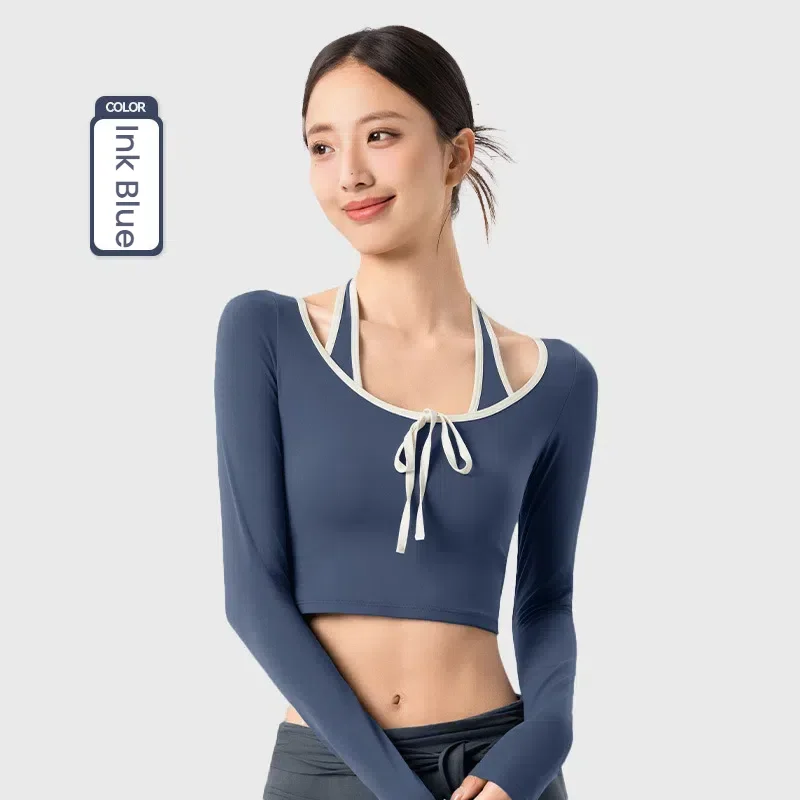 

Women's long sleeve tops Yoga tee Fixed cup short sports top with Contrasting Trim Versatile Workout top