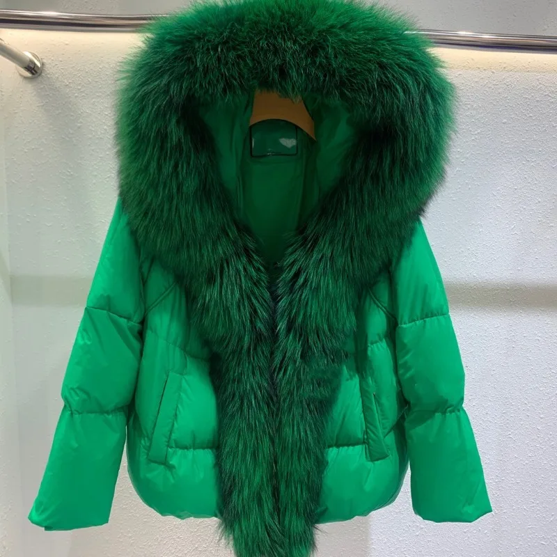 Luxury Female Fox Large Fur Collar Duck Down Coat Down Jacket Winter Short Outerwear Fur High-end Brand New Faux Fur Coat