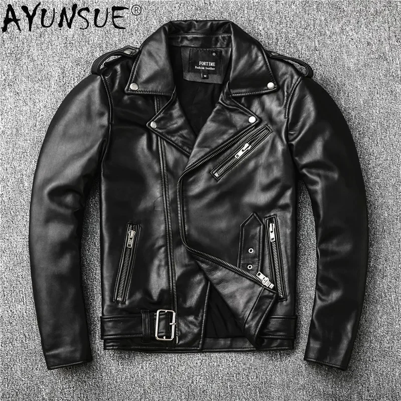 AYUNSUE Mens Genuine Leather Jacket Motorcycle Real Sheepskin Coat Men 5XL Autumn Biker Short Chaquetas Hombre KJ4116