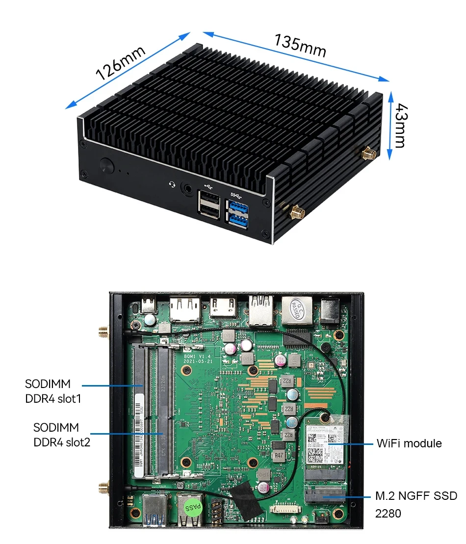 Mini Computer Fanless Intel Pentium 5405U DDR4 M.2 NGFF SSD 4K WiFi Embedded Industrial Micro PC Barebone Ubuntu Windows 11